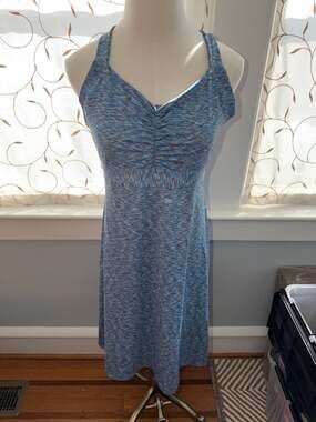 prAna Amaya Ruched V-Neck Racerback Dress Blue Space Dye Size L